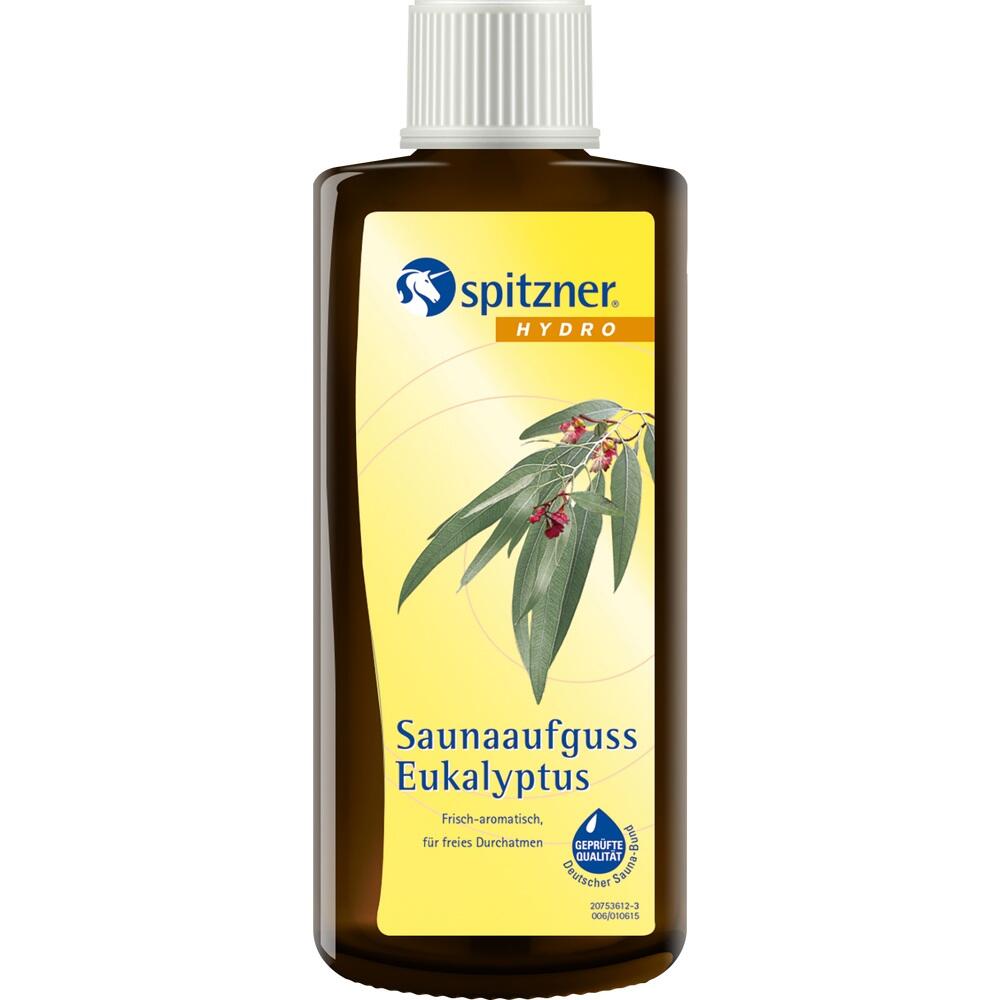 Braune Flasche mit Eukalyptus-Saunaaufguss und einem Blattmotiv auf gelbem Etikett.